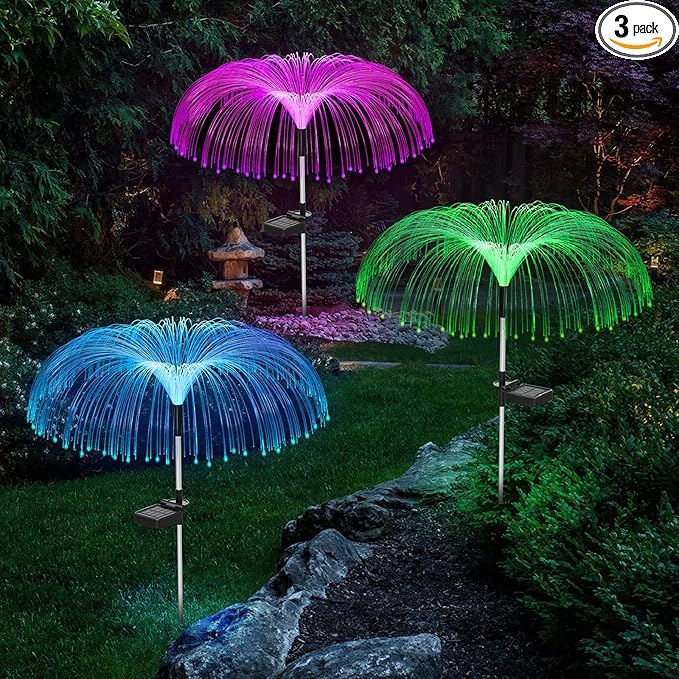 Vosaro Solar Flower Lights Outdoor Garden Decorations Waterproof, Solar Yard Lights Decorative, 7 Color Changing Stake Light for Pathway Patio Lawn Party Wedding Decor, 3 PCS