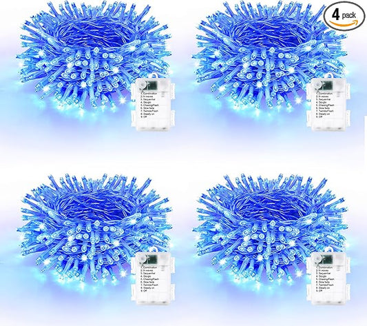 Lomotech Battery Operated Christmas Lights - 4 Pack Total 66ft 200LEDs String Lights 8 Modes Waterproof with Timer for Home, Garden, Party, Holiday, Tree Decoration (Clear Wire, Blue)