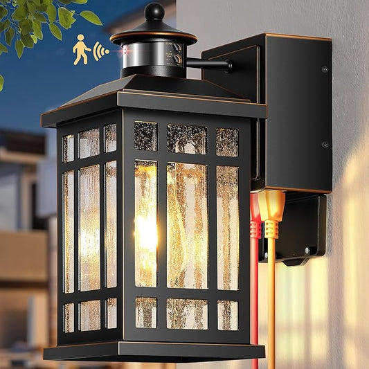 Outdoor Wall Lighting with GFCI Outlet, Modern Black Exterior Light Fixtures with Gold Trim, Aluminum Anti-Rust Outside Lights for House, Porch, Garage, Adjustable Sensitivity & Brightness