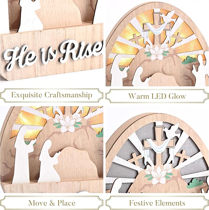 Valery Madelyn Easter Decorations with LED Light, Lighted Empty Tomb Scene and Cross Decoration, Wooden Christian Easter Decor Resurrection Scene for Home Table Shelf, 8.0 inch