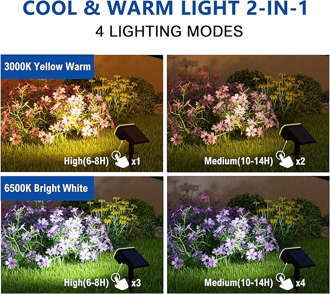 Solar Lights Outdoor Waterproof IP65, Super Bright LED, 2CCT 4 Lighting Modes 3000K/6500K Selectable, Solar Powered Yard Garden Solar Spot Lights for Outside Landscape Auto On/Off -2 Pack