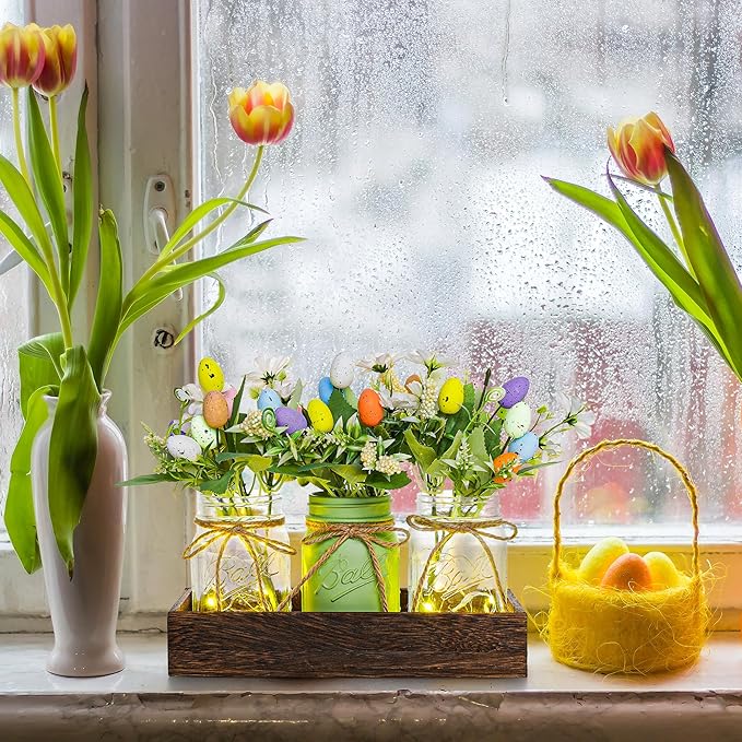 Easter Centerpiece Table Decorations for Table Runner Farmhouse Coffee Table Decor with Wood Tray and Led Light Table Centerpieces for Dining Room Kitchen Living,Green