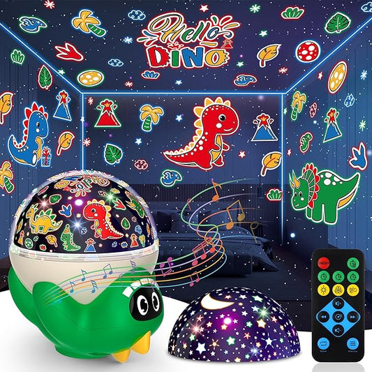 Dinosaur Night Light Projector for Kids Room, Boy Girl Dino Lamp with 10 Soothing Music& Timer, Remote Control, Colorful Projection Effect, High Brightness, Birthday Gifts Dinosaur Toys for Kids 3-7