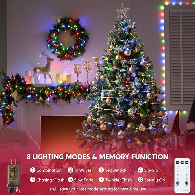 Joiedomi 600 LED Christmas Lights Outdoor,197 FT Multicolor Christmas Tree Lights with 8 Modes Timer, PVC Clear Wire String Lights with Reel for Indoor Outdoor Holiday Xmas Eve Night Decorations