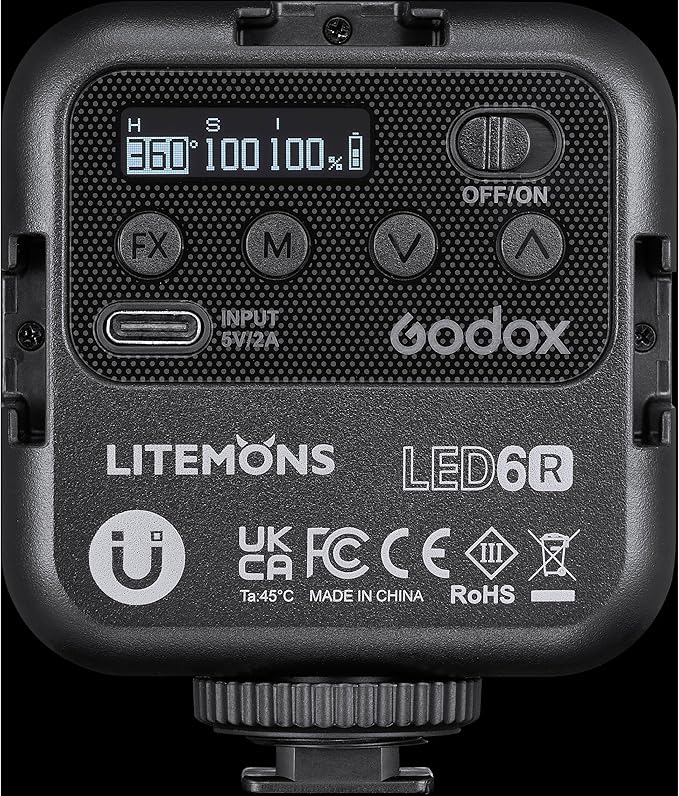 Godox Litemons RGB Pocket-Size LED Video Light, 3200–6500K CCT, RGB Color Modes, Built-in Battery, Magnetic Mount, Stackable Design (LED6R)