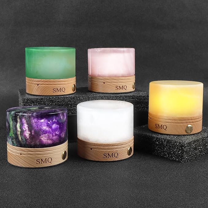 SMQ Rainbow Fluorite Crystal Night Light with USB Charging Port,Handmade Polished Natural Stone Cylindrical Touch Night Lamp with Wooden Base for Living Room,Shelf,Office