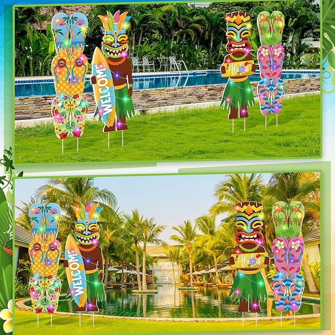 Bencailor 4 Pcs Hawaiian Luau Decoration Outdoor Totem Yard Signs with Stakes LED Large Aloha Tropical Themed Party Supplies Bar Decor for Outdoor Lawn Garden Beach Sand(Hawaiian)