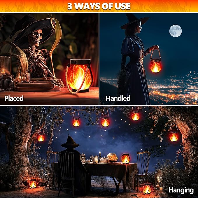 iBaycon 1 Pack Solar Lanterns Lights, Halloween Flickering Flame Garden Lights with 2 Modes Dual Charging USB & Solar, Outdoor Waterproof Hanging Lantern for Party Holiday Halloween Decor (Red)