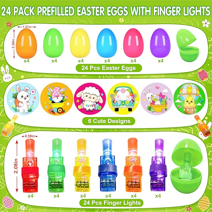 24 Pack Prefilled Easter Eggs with Animal Finger Lights, Easter Egg Stuffers for Kids, Glow in the Dark Easter Eggs, Party Favor Toy Gifts for Boy Girl, Classroom Rewards