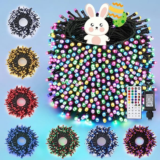 Easter Lights RGB String Lights, 115ft 300 LED Color Changing Lights Outdoor with Remote& Timer, Plug in - Pastel Lights for Home Yard Garden Indoor Outdoor Easter Decorations