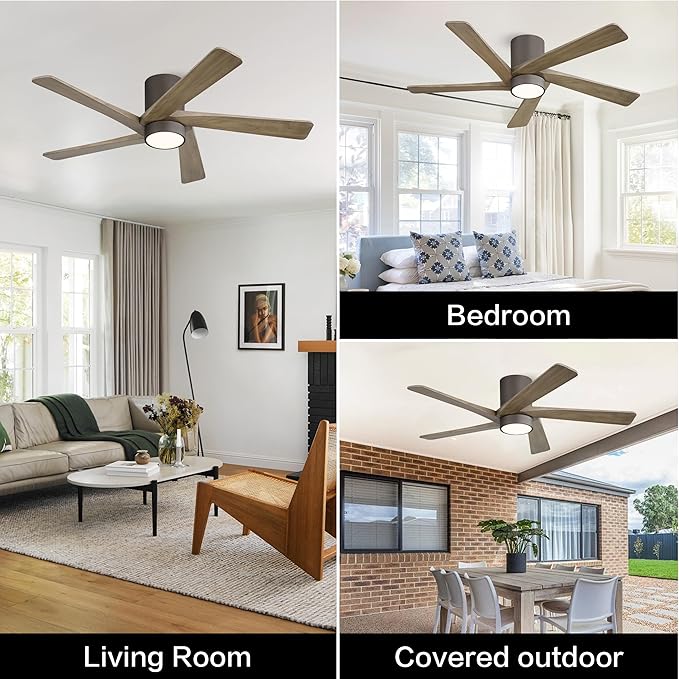 WINGBO 54 Inch Flush Mount DC Ceiling Fan with Lights and Remote, 5 Reversible Carved Wood Blades, 6-Speed Noiseless DC Motor, Hugger Ceiling Fan in Graphite Finish with Gray Blades, ETL Listed