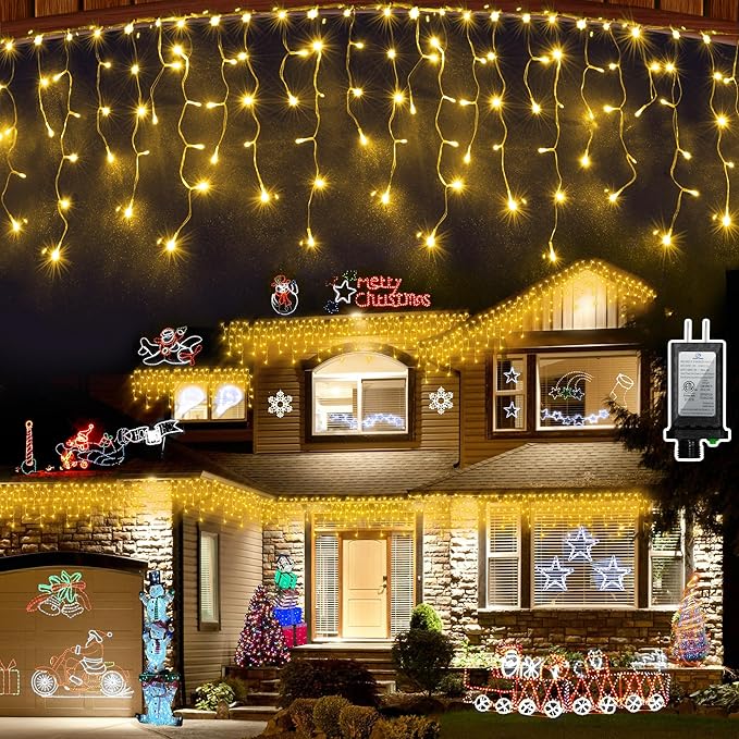 612 LED String lights Indoor Outdoor, 60ft Christmas Window Lights with 136 Drops 12 Modes, Dimmable Curtain Lights, Fairy Lights for Bedroom Holiday Wedding Party Home Xmas Decorations, Warm White