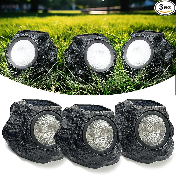 LIYAOLI Solar Rock Landscape Lights - 3 Pack Waterproof IP65 Fake Stone Solar Lights for Garden Pathways | Outdoor Ground Lighting with Auto On/Off & White LEDs