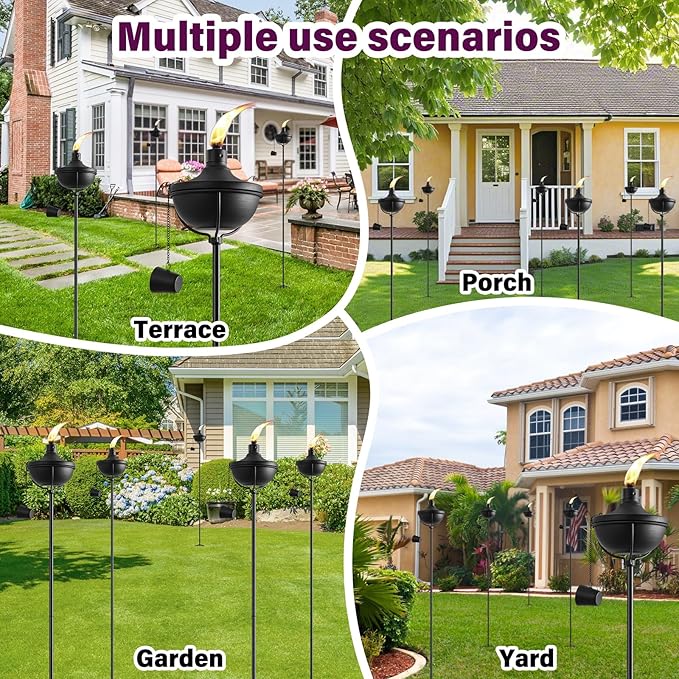 Home Garden Torch Set of 6, Outdoor Metal Torches with 5-Prong Grounded Stake, 56-Inch Adjustable Citronella Torch, 23.5 oz Metal Light Torches for Patio, Pathway, Party (Ultra-Stable Design)