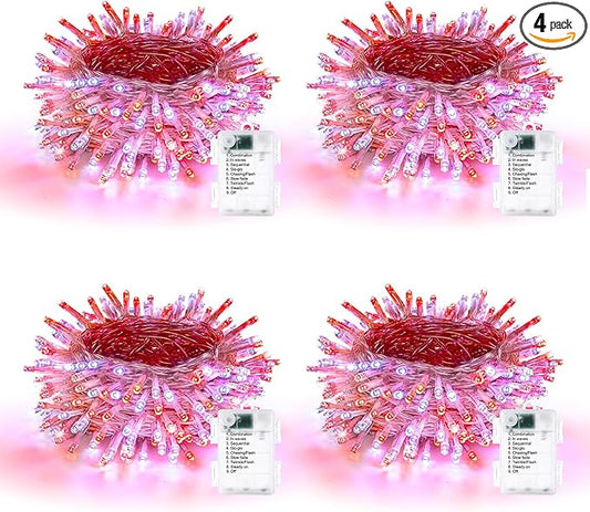 Lomotech Battery Operated Christmas Lights - 4 Pack Total 66ft 200LEDs String Lights 8 Modes Waterproof with Timer for Home, Garden, Party, Holiday, Tree Decoration (Clear Wire, Red & White)