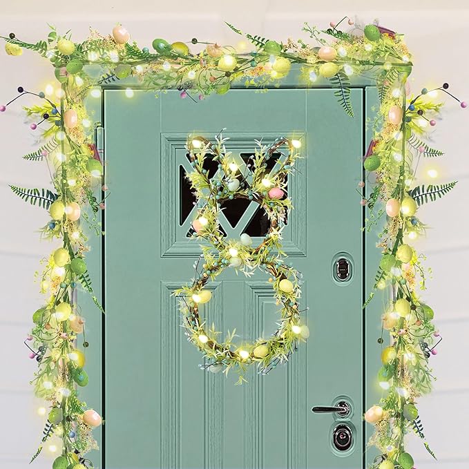 [Timer] 6 FT Lighted Easter Garland, Easter Decorations for Home, Easter Egg Garlands Spring Fireplace Mantel Decor, Spring Garland with 30 LED Warm Light for Home Indoor Decor