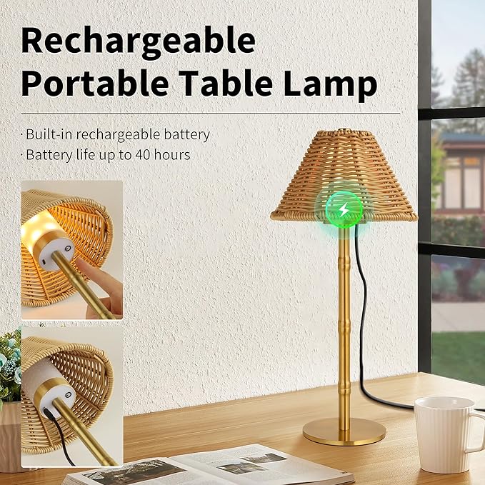 Mr.White Rechargeable Cordless Table Lamp with Wicker Shade, 5200mAh Battery Operated Portable Table Light with Touch Control, for Patio Restaurant Kitchen Dinner (Gold)