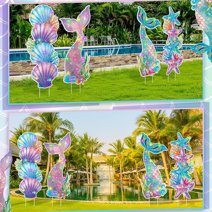 Bencailor 4 Pcs Mermaid Tails Outdoor Decorations Mermaid Seashell Starfish Yard Stake Signs with LED Light Large Ocean Theme Birthday Party Supplies for Outdoor Lawn Patio Garden Stand Decor