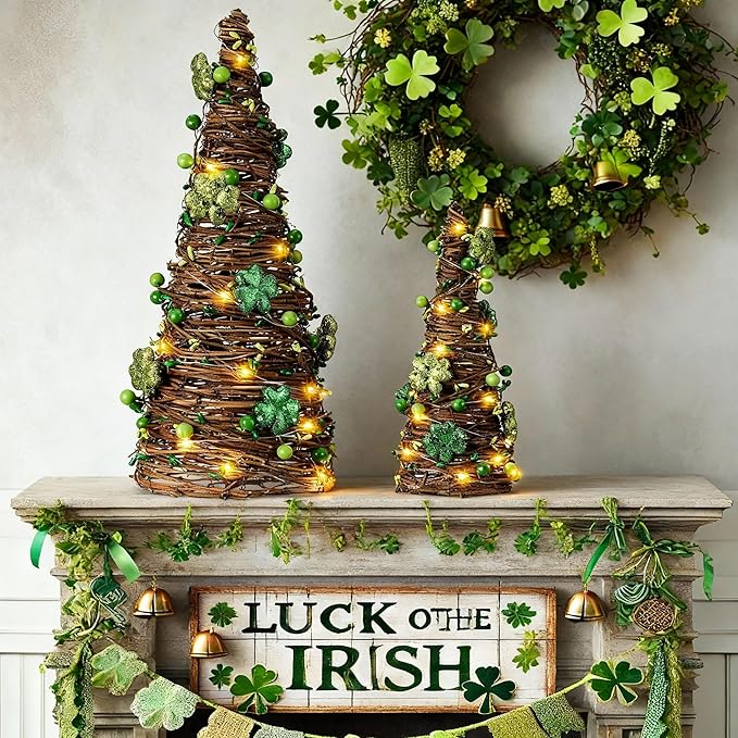 Soulchen 2 Pcs St. Patrick's Day Rattan Cone Tree Table Centerpieces Decorative Rattan Table Tree with Shamrock and Berries LED Lights for Irish Home Shelf Festival Indoor Outdoor Party Decoration