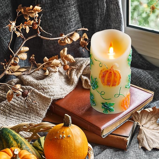 Halloween Pumpkin Flameless LED Candle - Realistic Flickering Flame - Battery Making Candle with Remote Control Timer - Real Wax - Unscented - Home - Holiday Decoration (3"x6")
