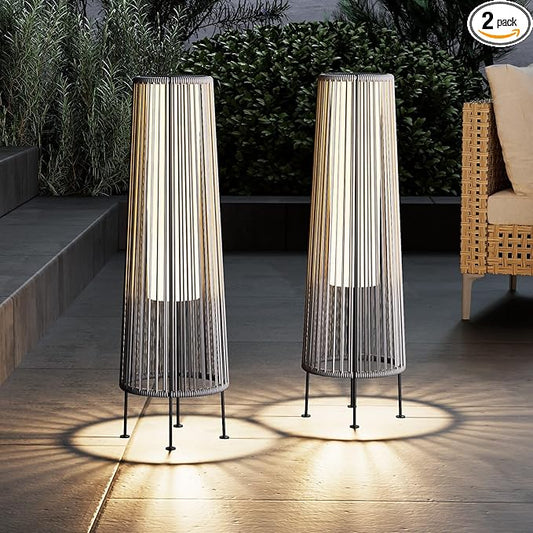 Grand patio Outdoor Floor Solar Light 2-Pack, Wicker Solar Patio Lamp Waterproof Outside Deck Lamp for Porch, Yard, Garden, Lawn Decorations - Gray, Gordes 2 PCS