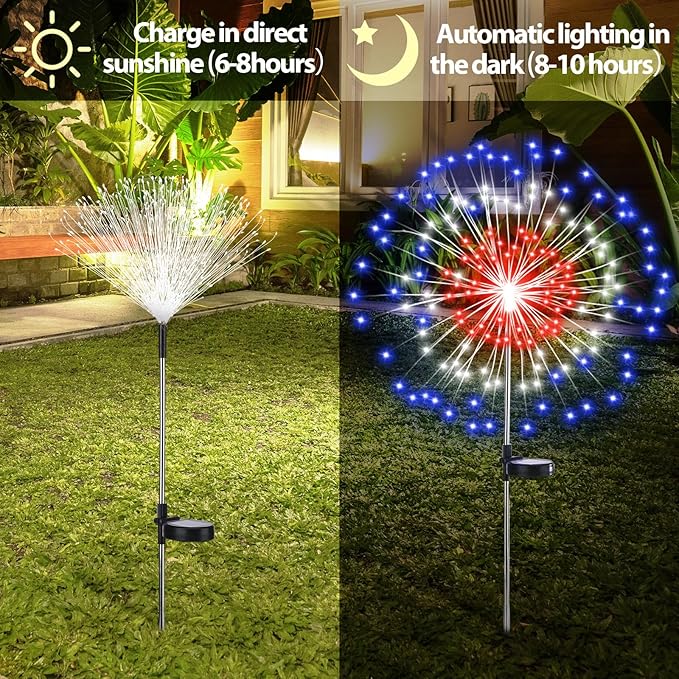 8 Pcs 4th of July Solar Firework Stake Lights 180 LED 8 Modes Solar Waterproof LED Sparkler Lights Outdoor Patriotic Decor for USA 250th Anniversary Garden Patio Yard Pathway (Red White Blue)