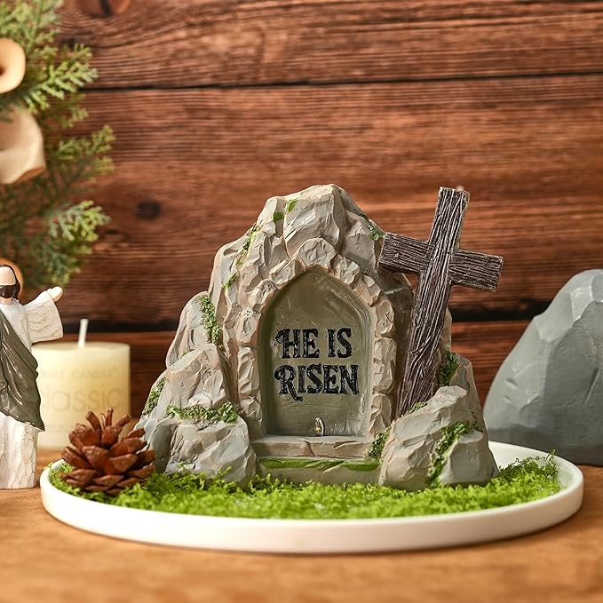 Empty Tomb Easter Decor with LED Lighting, Battery Powered Resurrection Scene for Christian Decoration, Resin HE is Risen Religious Display with Timer, Home Office Tabletop Tray, Shelf Decor