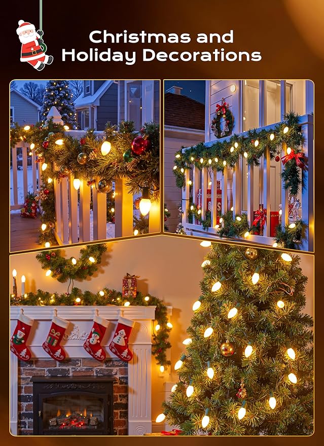 Brightown C9 LED Christmas Lights Outdoor, 25 FT 25 LED Warm White Connectable C9 String Lights for Christmas Tree Patio Roofline Garden Backyard Holiday Party Indoor Outdoor Decoration, Green Wire