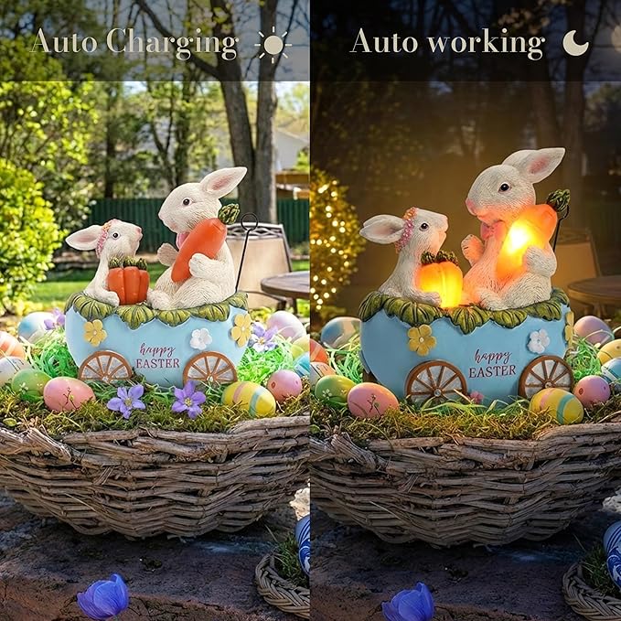TERESA'S COLLECTIONS Easter Decorations Outdoor with Solar Lights, Easter Bunny and Egg Decor Outdoor, Waterproof Resin Lighted Garden Statue