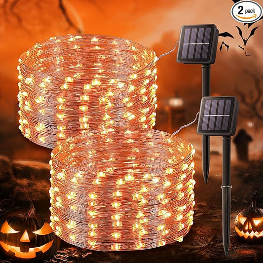2 Pack Orange Solar Fairy Lights Outdoor,Each 33ft 100 LED Solar Powered Halloween String Lights,Waterproof Copper Wire Twinkle Light for Thanksgiving Christmas Trees Party Yard Decor
