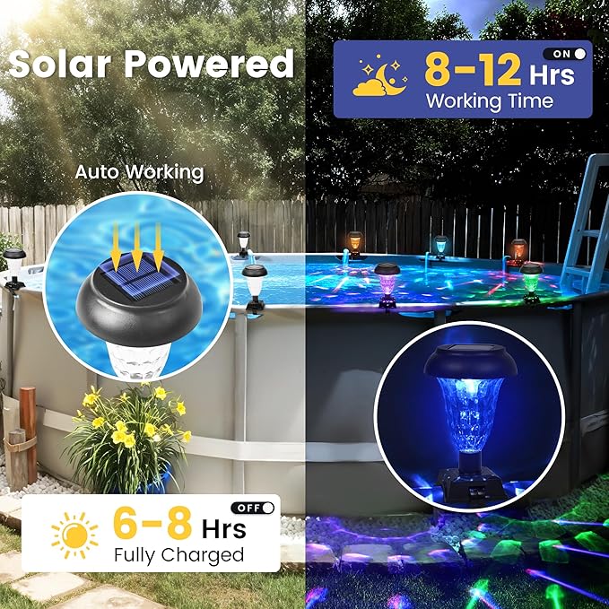 Solar Pool Lights for Framed Above Ground Pools, Waterproof Lights at Night Backyard Pool Accessories, RGB Color Light for Frame Swimming Pools, 6 Pack
