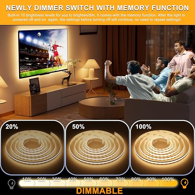 PAUTIX COB LED Strip Lights 5V USB Powered Dotless Super Bright Dimmable LED Lights 3000K Warm White 6.56ft TV Backlights,Flexible 3M Adhesive Under Cabinet Light for Bedroom,Kitchen,Shelf Lighting