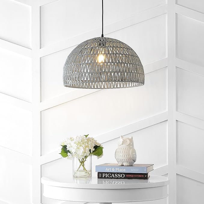 JONATHAN Y 20" Gray Modern Bohemian Woven Rope LED Pendant Light Fixture, Adjustable Dome Ceiling Lamp for Kitchen Island, Rope Shade, Coastal Farmhouse Decor (JYL6504D)