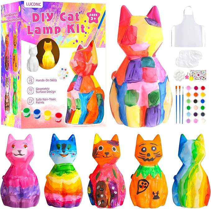 lucdnc Paint Your Own Cat Lamp Kit DIY Night Light Painting Kits for Kids Arts & Crafts Supplies Birthday Easter Christmas Cat Themed Gifts Toys for Girls Boys Teens Ages 3-12+