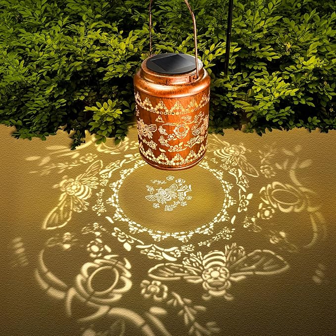 Solar Lanterns Outdoor Bee Metal Waterproof Garden Decor Christmas Birthday Gifts for Women Mom Grandma Decorative LED Hanging Solar Lights Outside for Yard, Patio,Backyard,Landscape