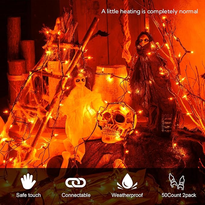 Hopolon Orange Thanksgiving Mini Lights, 2Pack 13Feet 50Count Autumn Fall String Lights,Connectable 120V Plug in for Outdoor Indoor Garden Party Halloween Christmas Xmas Tree Lights Yellow Decor