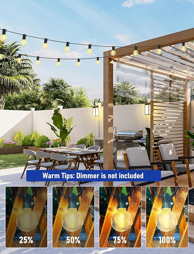 Abeja 50FT Globe Led Outdoor String Lights, Shatterproof Outdoor Patio String Lights with with 25 +2 LED Plastic Clear Bulbs, Hanging Bistro Light Waterproof for Café Bistro Pergola Tents-Black Wire