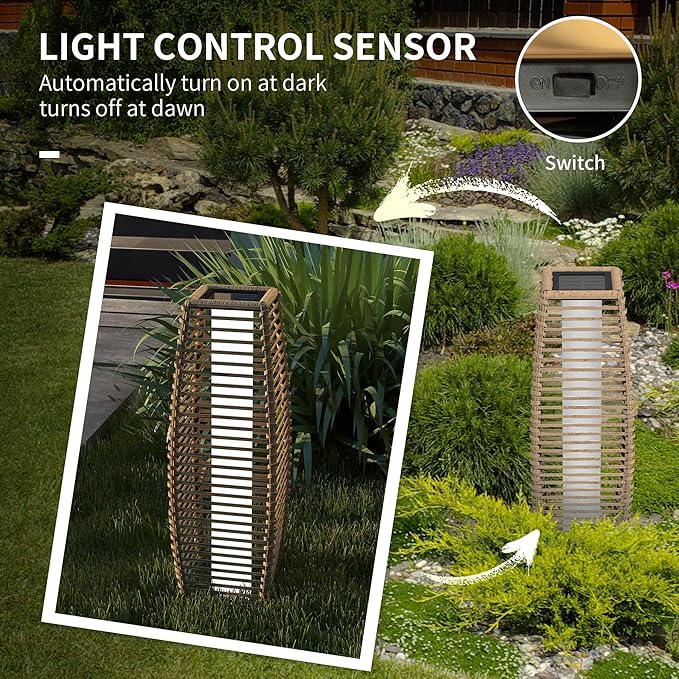 Outsunny Solar Floor Lamp, Outdoor Rattan Garden Lantern Pathway Light & Decorative Driveway Lighting with Auto On/Off LED Lights for Porch, Yard, Lawn, Courtyard, Deck, Sand