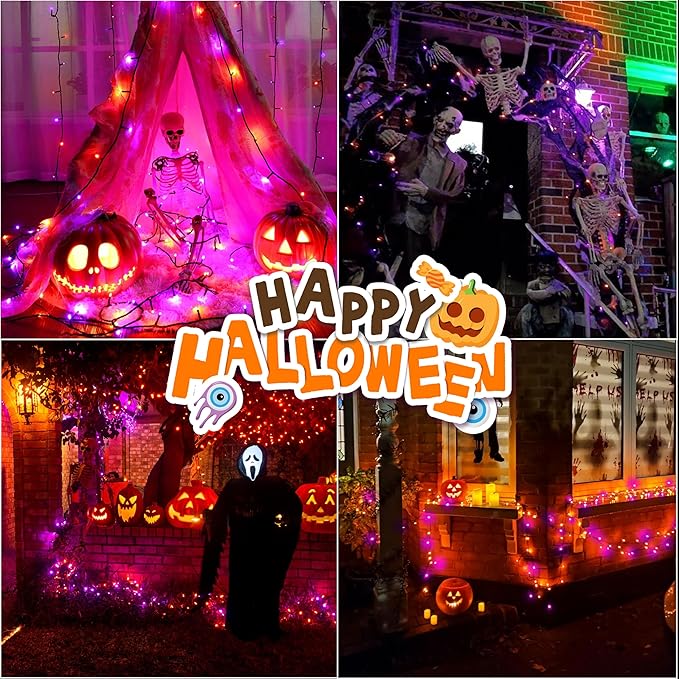 LAMPHOME 66ft Halloween Decorative Mini Lights, 200 LED Green Wire Fairy Starry String Lights Plug in, 12 Lighting Modes, for Halloween Decoration Outdoor Party Decoration (Orange and Purple)