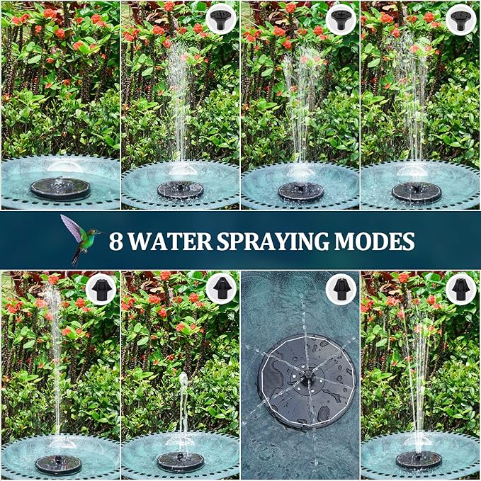 Solar Fountain New, 3.5W Solar Bird Bath Fountains with Glass Panel, 2200 Battery, Hummingbird Water Features with Color LED Lights, 8 Spray Modes & 4 Fixed Pipes for Garden, Pool, Pond