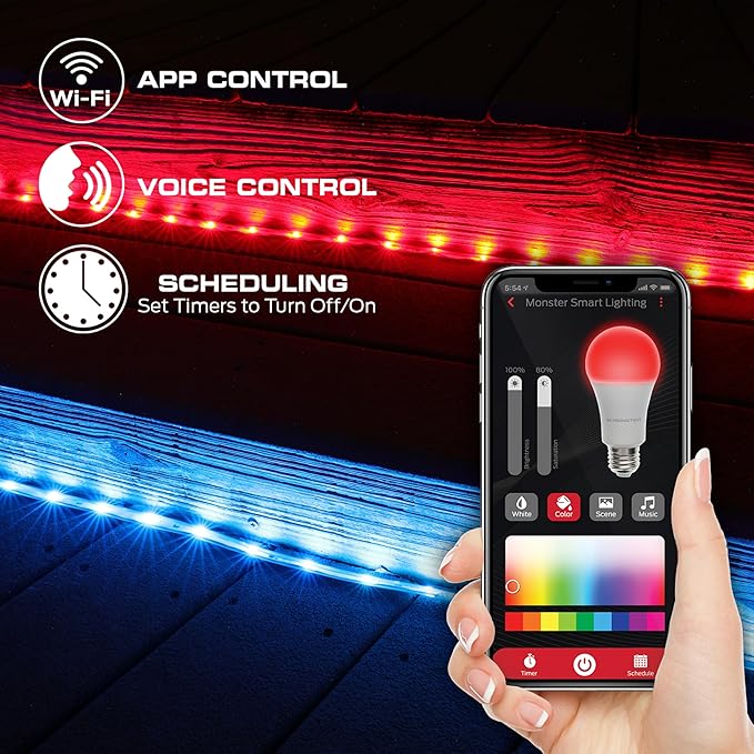 Monster Smart 50 Foot RGB+IC+WW Outdoor LED Light Strip, Sound Reactive, Dimmable, Multicolored & Multi-White, IP44 Waterproof, Weather Resistant, App Control, Compatible with Alexa, Google Home, Siri