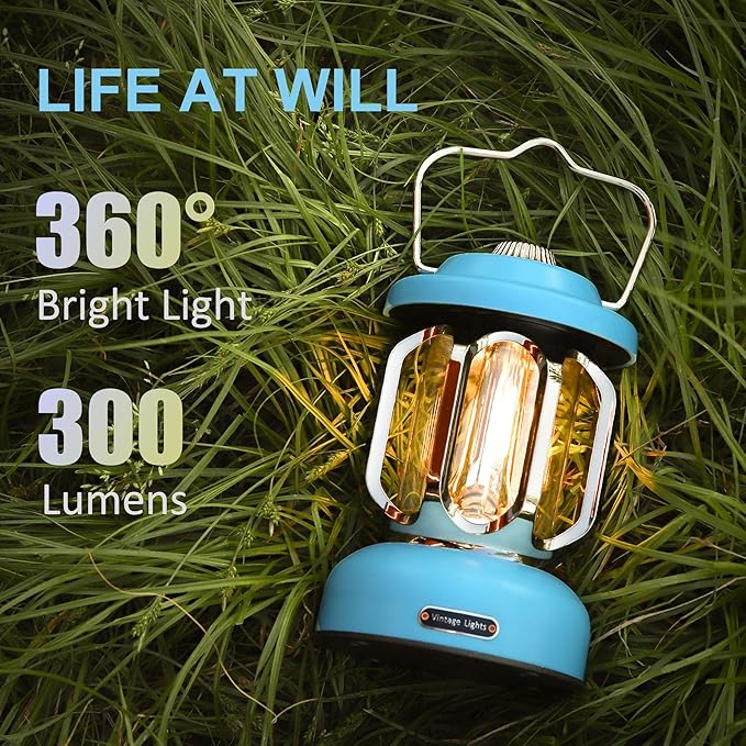 Rechargeable LED Camping Lanterns, Vintage Camping Lights Battery Operated, Portable Retro Metal Glamping Lights for Hiking, Hurricane, Decoration, Power outages, Blue, 1 Pack