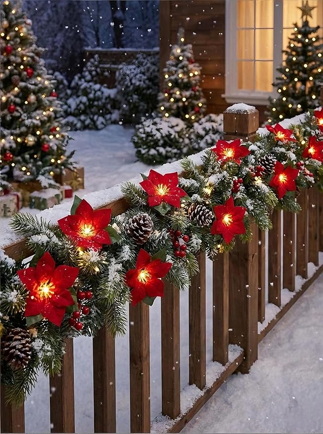 8.5FT Christmas LED Flower String Lights, Christmas Decorations Lights Outdoor with 10 LED Red and Green Flowers Bulbs, Plug in Flower Fairy Light for Valentines Wedding Garden Porch Floral Decor