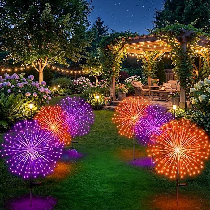 6 Pcs Easter Solar Firework Stake Lights 180 LED 8 Modes Solar Waterproof LED Sparkler Lights Outdoor Decoration for Christmas Holiday Garden Patio Yard Pathway Walkway, Orange, Purple