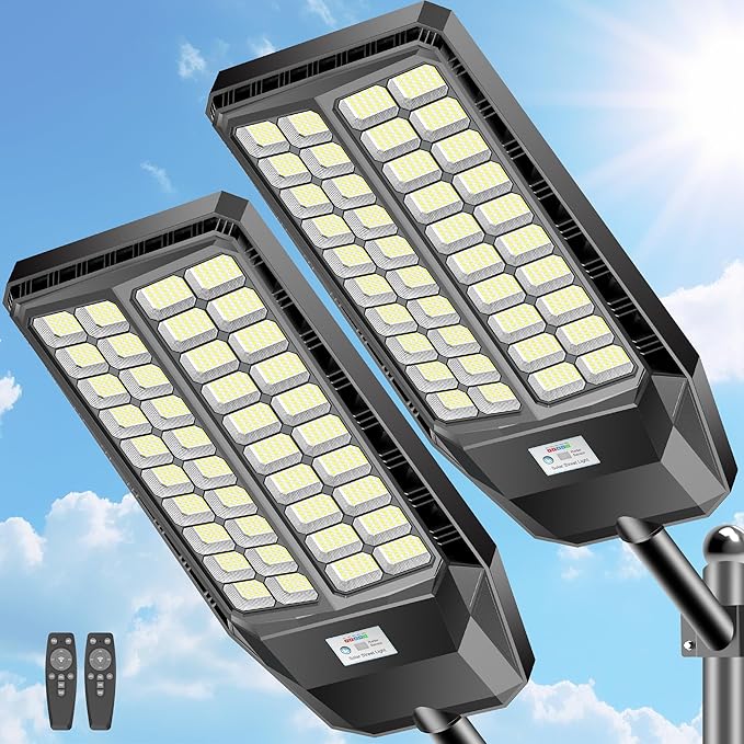 CEDIO Outdoor Solar Street Lights, Solar Lights IP66 Waterproof LED Street Light Dusk to Dawn, Flood Light with Motion Sensor for Yard (9800W-2PACK)