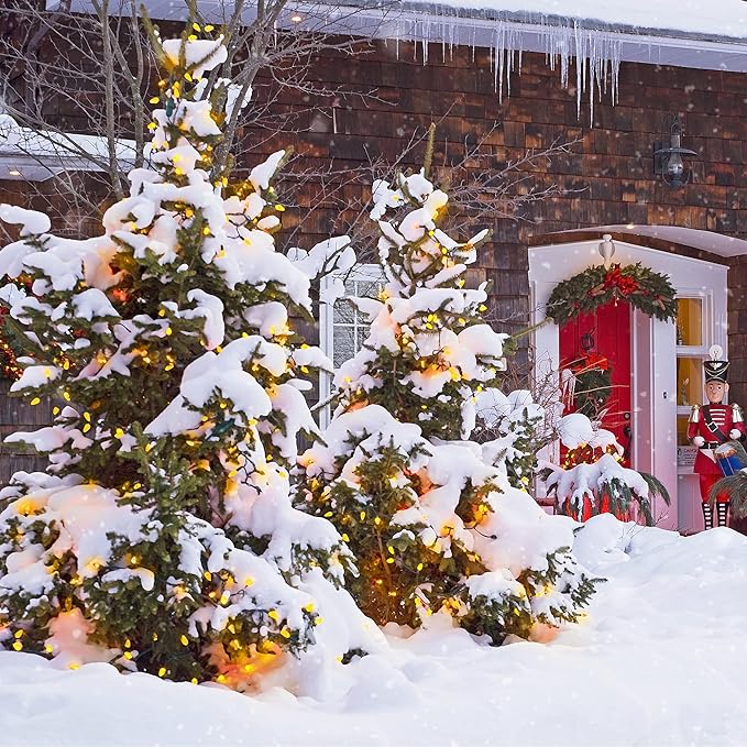 WATERGLIDE C6 Christmas Lights, 33ft 100 LED Faceted String Lights Green Wire Fairy Lights with 29V Safe Adaptor, 8 Lighting Mode, Waterproof for Indoor Outdoor Patio Xmas Tree Party Decor, Yellow