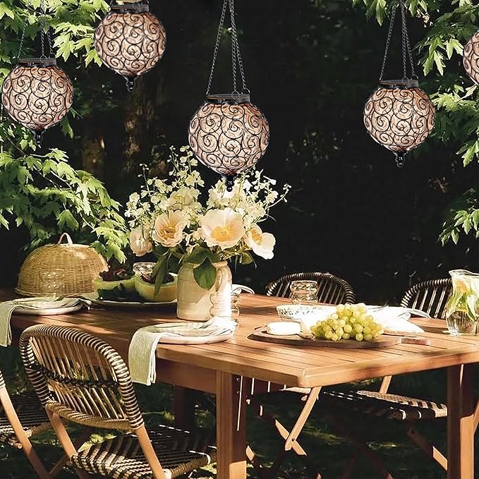 Solar Hanging Lantern Outdoor Garden Lights, Round Glass and Metal Hanging Lantern, 15 Firefly LED Lights, 7 x 20 Inch, Amber