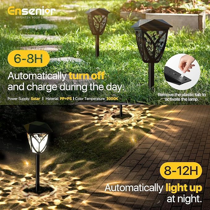 Ensenior 12-Pack Solar Lights Outdoor, 3000K LED Solar Garden Lights for Pathway, Yard, Patio, Walkway, Planter, Waterproof, Energy-Efficient Landscape Lighting