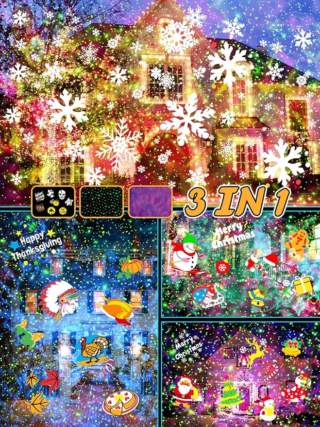 3 in 1 Christmas Projector Outdoor with Firefly & Ocean Wave Light, 160 HD Patterns Christmas Decor, 3D Dynamic Christmas Holiday Snowflake Projector Waterproof w/Timer for Outdoor Indoor Light Show