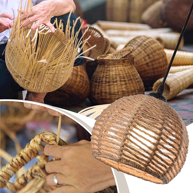 3 Pack Woven Pendant Light Boho Chandelier Dome Rustic Farmhouse Chandelier Hemp Rope Lights Rattan Light Fixture for Dining Room Living Room Bedroom Kitchen (Warm White Bulbs Incl.)